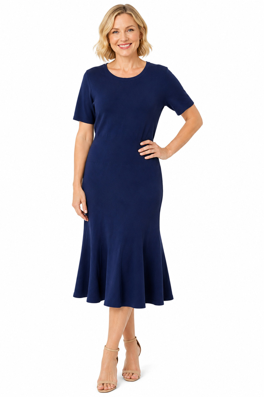 Yigal Azrouel Navy Stretch Midi Short Sleeve Flare Skirt Dress Pullover sz Large